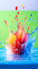 Vibrant multicolored liquid droplets explode upon impact with a blue surface, creating a dynamic splash against a lime green background; tiny droplets are suspended mid-air