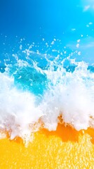 Vibrant ocean wave crashing onto a sun-drenched golden sand beach under a clear blue sky, showcasing white foamy crests and turquoise water