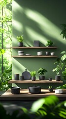 Sunlit green wall with wooden shelves displaying minimalist black and white pottery, potted plants, and kitchen utensils, surrounded by lush greenery