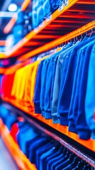 Vibrant orange shelves display folded and hanging apparel in various shades of blue and orange. The image is sharply focused on the garments, creating a sense of depth and highlighting