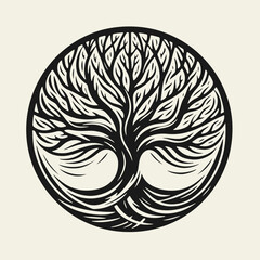 Black and white flat vector illustration of Yggdrasil, the World Tree from Norse mythology, enclosed in a circle. Suitable as a logo or t-shirt print in a minimalist symbolic style.