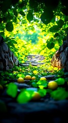 Sunlit stone path, nestled between leafy walls, strewn with small yellow fruit, leading to a bright, blurred background