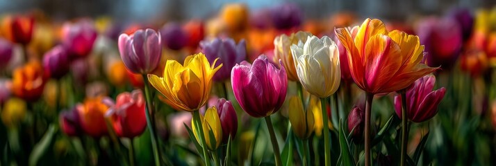 Fototapeta premium Vibrant Colorful Tulips Blooming in a Garden