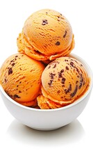 Three scoops of pale orange ice cream, speckled with dark chocolate chips, rest in a small white bowl against a bright white background.  The ice cream is creamy and appears smooth
