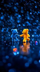 Two plush teddy bears, one blue and one yellow, hold hands and walk on a dark, reflective surface amidst a bokeh of blue lights, resembling rain or snowfall