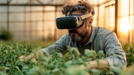 A man wearing VR goggles carefully interacts with plants in a greenhouse, reflecting the fusion of technology and nature, showcasing innovation, care, and ecological awareness in a modern setting.
