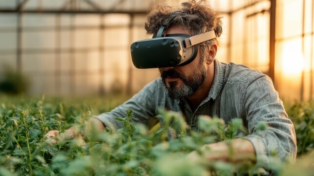 A man wearing VR goggles carefully interacts with plants in a greenhouse, reflecting the fusion of technology and nature, showcasing innovation, care, and ecological awareness in a modern setting.