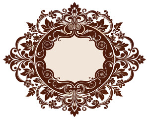 frame, vintage, ornate, floral, brown, design, element, decoration, decorative, border, circle, round, flourish, leaves, swirls, elegant, retro, classic, invitation, wedding, greeting card, label, emb