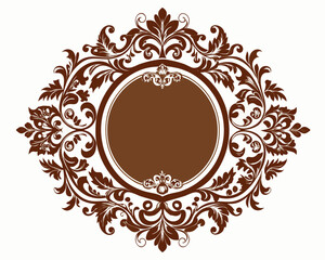 frame, vintage, ornate, floral, brown, design, element, decoration, decorative, border, circle, round, flourish, leaves, swirls, elegant, retro, classic, invitation, wedding, greeting card, label, emb