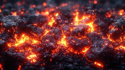 Obraz premium Molten rock flows in a fiery landscape. Fiery, glowing lava, dark rocks, hot, bright orange-red, volcanic, close-up, magma, heat, earth