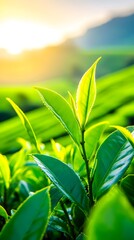 Vibrant green tea leaves illuminated by the warm glow of sunrise in a vast tea plantation, creating a tranquil and idyllic scene