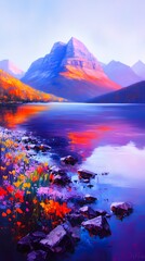 Vibrant autumnal landscape painting of a serene lake reflecting a majestic mountain range at sunrise, with colorful wildflowers along the shore