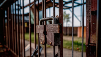 Close-up of a rusty lock on a metal gate in an outdoor setting
