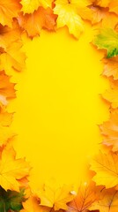 Vibrant yellow background framed by autumn leaves of orange, yellow, and green hues, creating a vertical border with copy space in the center