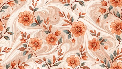 Elegant floral pattern with peach flowers and swirling background for textile design