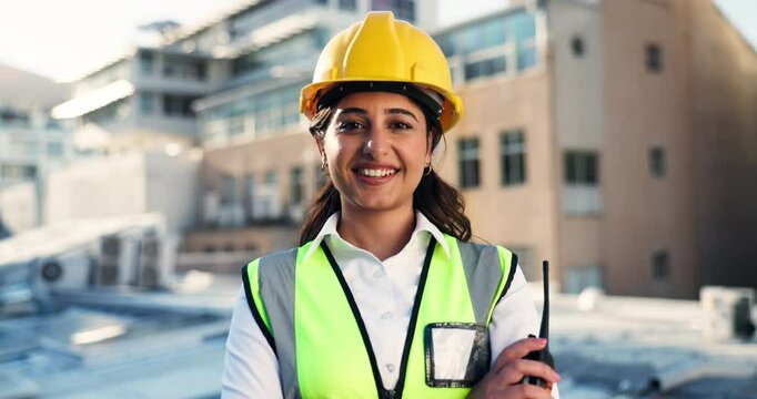 Face, woman and engineer with radio for construction, building project and pride for architecture. City, female person and architect with tech for communication, property development and arms crossed