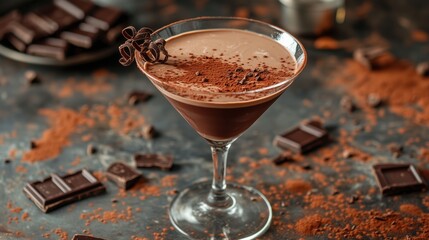 Chocolate cocktail topped with cocoa powder and chocolate pieces in a chic dessert setting