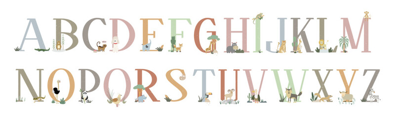 Animal Alphabet Vector Set, Cute English Letters with Cartoon Animals, Educational Poster for Kids