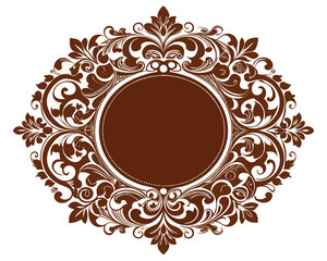 frame, vintage, ornate, floral, brown, design, element, decoration, decorative, border, circle, round, flourish, leaves, swirls, elegant, retro, classic, invitation, wedding, greeting card, label, emb