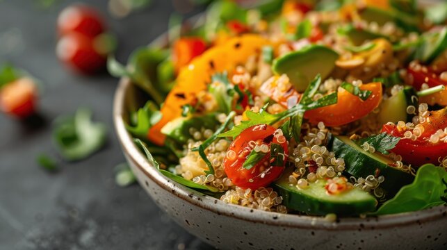 A vibrant, fresh quinoa salad filled with colorful vegetables showcases healthy eating, nutrition, and vibrant flavors ideal for a delicious meal.