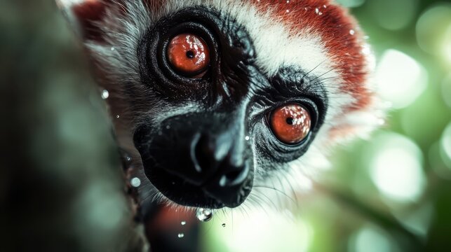 This captivating close-up showcases a rare lemur with striking orange eyes and vibrant fur, beautifully highlighting its features and the lush green environment it inhabits.