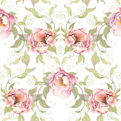 Vintage Baroque Victorian floral ornament. Seamless pattern with watercolor peony flowers.