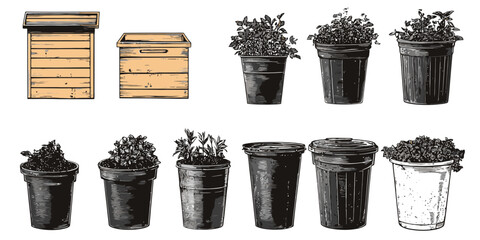 Collection of varying compost containers including bins and pots for sustainable gardening and waste management