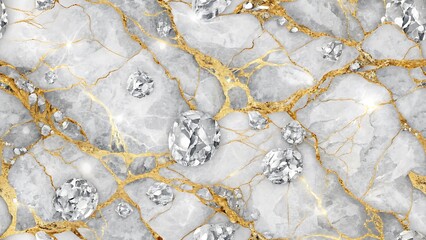 Elegant Marble Texture with Gold Veins and Scattered Diamonds Background