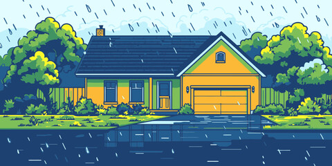 Bright yellow house under rain with surrounding greenery in a picturesque setting