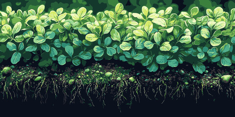 Close-up view of stylized vector art showcasing a lush garden with vibrant green leaves and intricate root systems