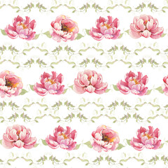 Vintage Baroque Victorian repeated ornament. Seamless pattern with watercolor peony flowers.