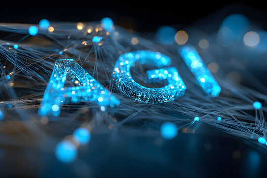 Glowing letters spelling AGI surrounded by intertwining digital threads and light nodes, future of artificial intelligence