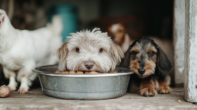Two adorable dogs share a meal from a bowl in a cozy setting, capturing the essence of companionship, joy, and the simple pleasures of pet ownership and animal friendship.