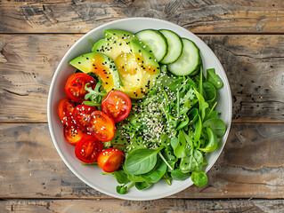 Healthy vegan meal with fresh vegetables and colorful ingredients on rustic table