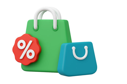 Shopping Bag 3D Render Discount Sale Icon, Green and Blue Bags, Percentage Off