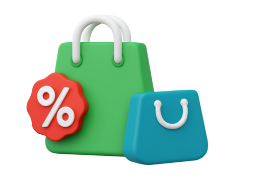 Shopping Bag 3D Render Discount Sale Icon, Green and Blue Bags, Percentage Off