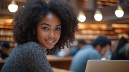 Young african female smiling while studying in a library with laptop
