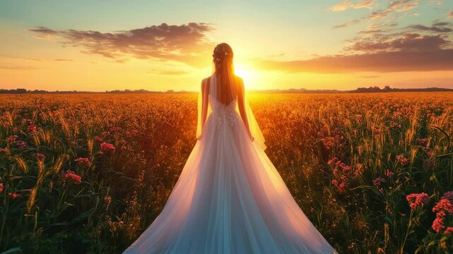 A bride in a white wedding dress stands in a golden wheat field at sunrise, surrounded by warm sunlight and nature, capturing the serenity and beauty of a romantic countryside moment.
