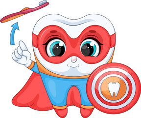 Superhero tooth cartoon with shield and toothbrush vector illustration