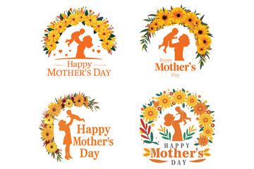 Four Happy Mother's Day Designs with Floral Wreaths and Silhouettes