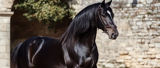 black Murgese horse in classical Italian stable