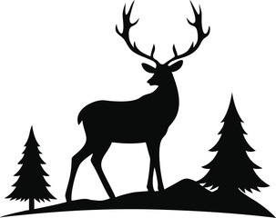 Deer silhouette with antlers and pine trees isolated on white background