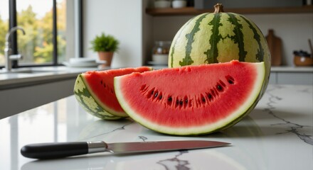 A slice of watermelon lies on a clean kitchen table next to a knife.