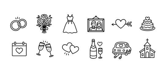 Vector illustration of wedding icons, including rings, bouquet, dress, car, church, and cake. Perfect for wedding invitations, planning materials, and romantic designs.