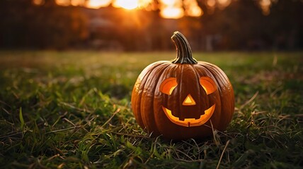 Obraz premium Smiling Jack-o'-lantern in Autumn Sunset A Festive Halloween Scene