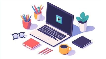 A vibrant workspace featuring a laptop, notebooks, pens, coffee, and plants, ideal for productivity and creativity.
