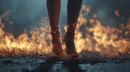 Woman with sparkling high heels walking on fire in a dark and cinematic scene, creating a dramatic and magical atmosphere with embers and flames