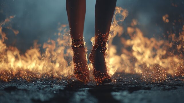 Woman with sparkling high heels walking on fire in a dark and cinematic scene, creating a dramatic and magical atmosphere with embers and flames