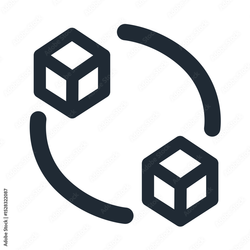 Poster two outlined cubes connected by curved arrows suggesting a process of exchange or transformation of 