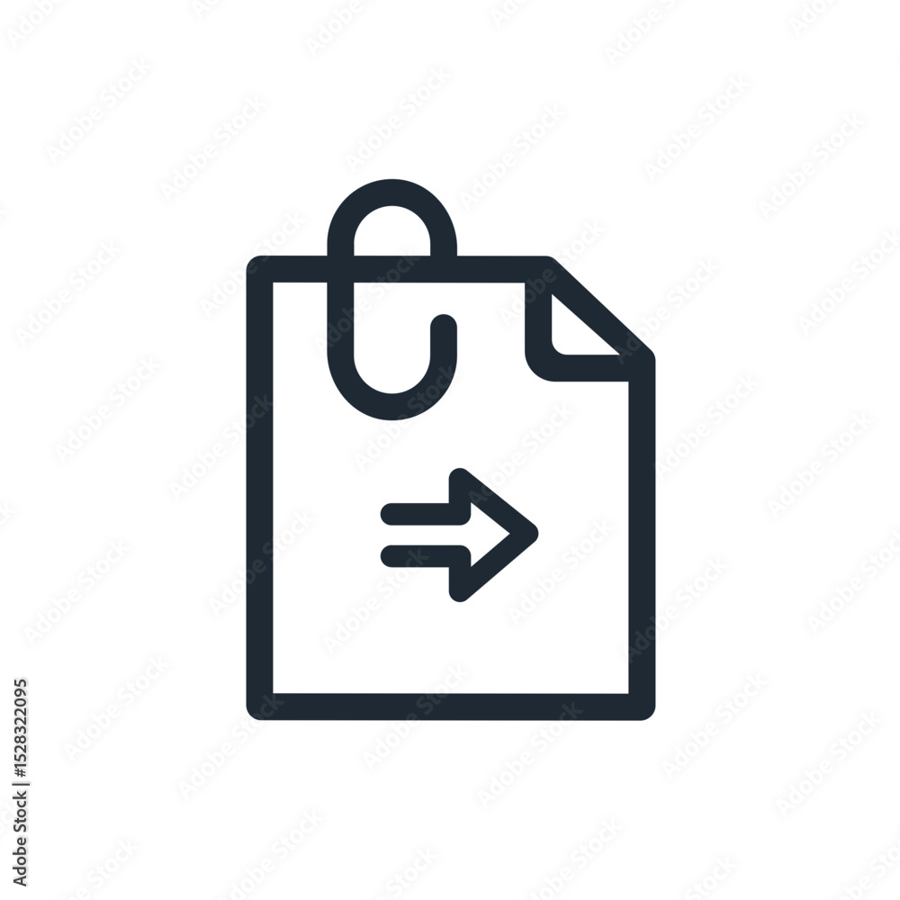Poster paper document with a paperclip and an arrow pointing to the right in a simple line art style